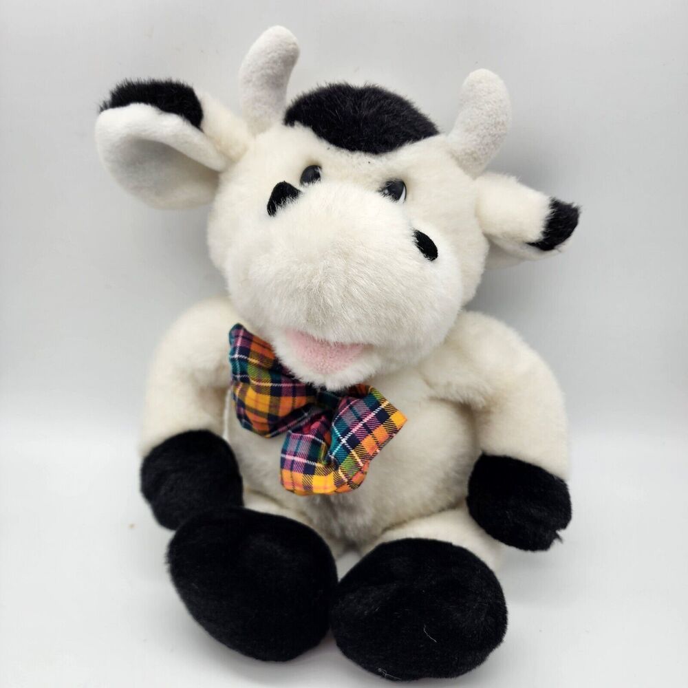 Commonwealth Cow Plush 15” Black White Fur Plaid Bow Flat Eyes Stuffed Animal